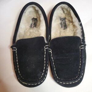 CLARKS SHEARLING LINED BLACK SUEDE LOAFER SLIPPERS WOMENS SIZE 7